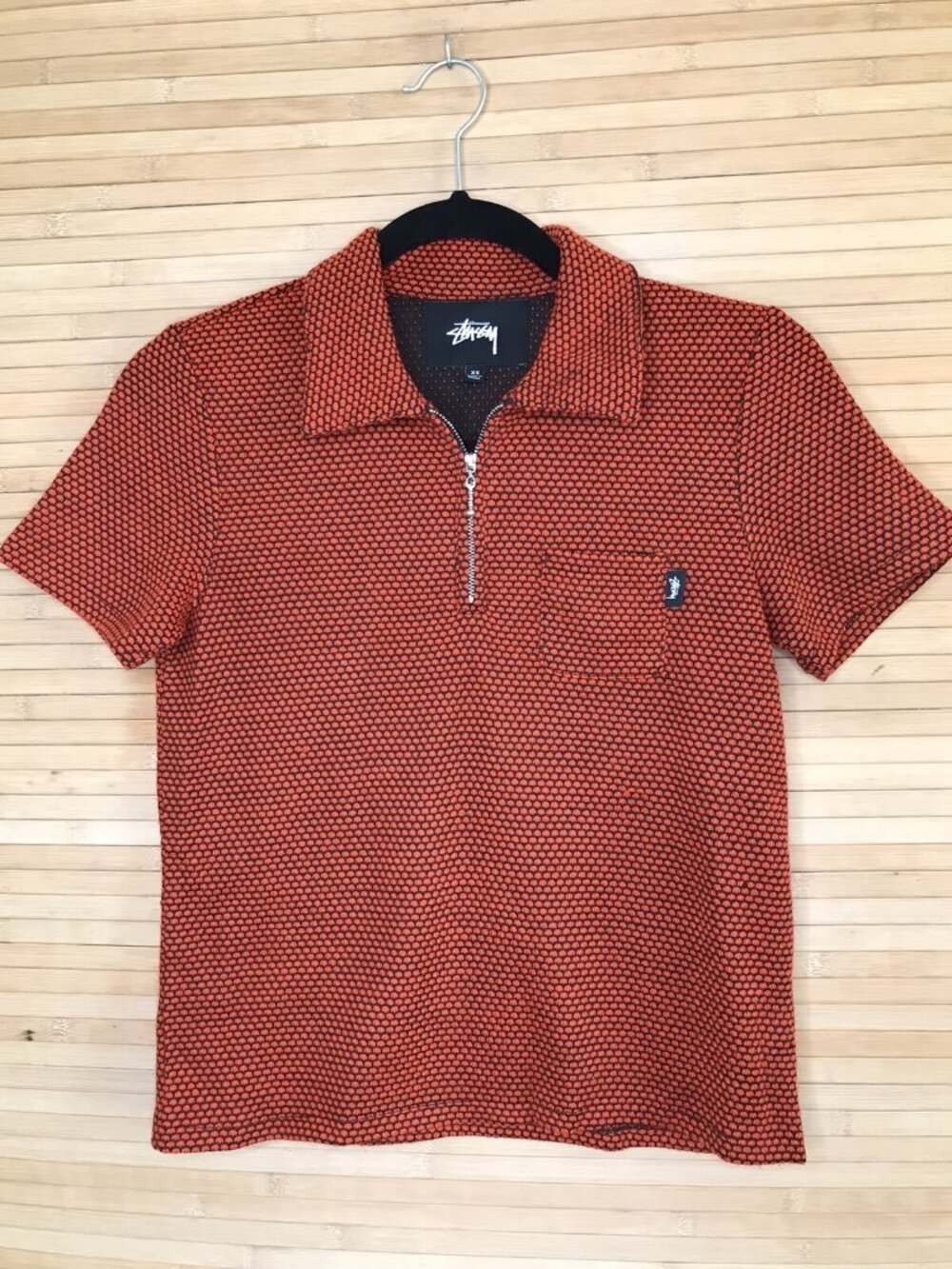 Vintage sz XS Stussy Textured Orange Black 1/4 zip Polo pocket logo skater shirt